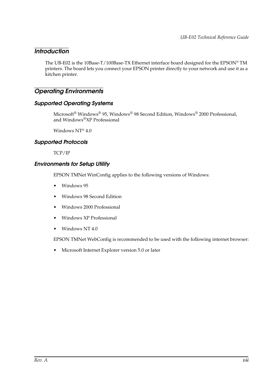 Introduction, Operating environments, Supported operating systems | Supported protocols, Environments for setup utility | Epson UB E02 User Manual | Page 9 / 86