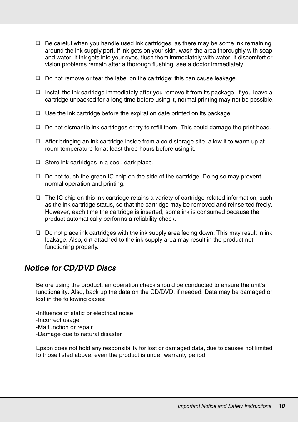 Notice for cd/dvd discs | Epson 4113114-06 User Manual | Page 10 / 124