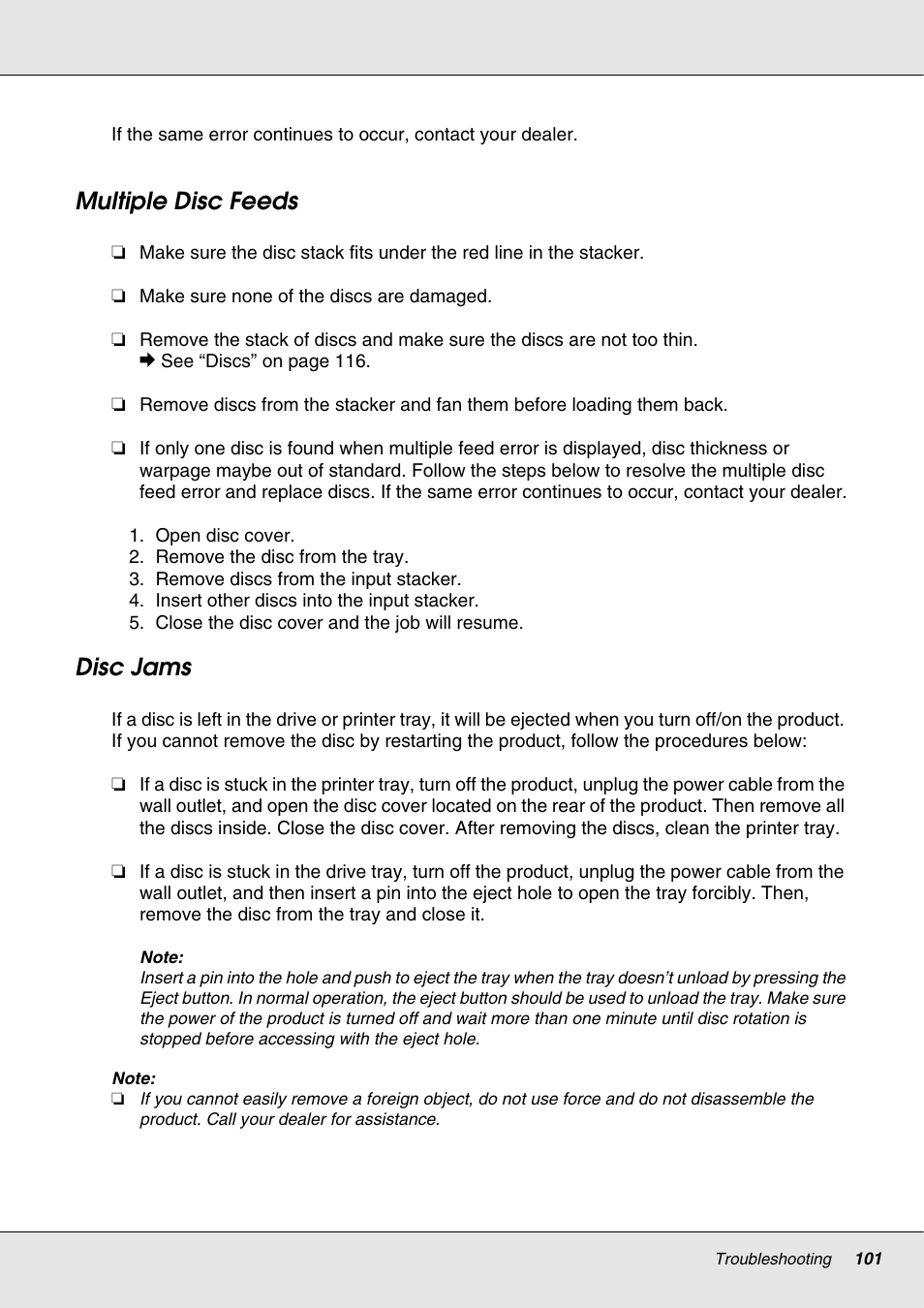 Multiple disc feeds, Disc jams, Multiple disc feeds disc jams | Epson 4113114-06 User Manual | Page 101 / 124
