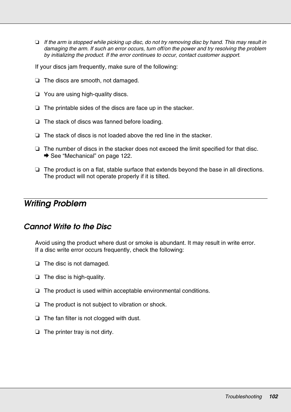 Writing problem, Cannot write to the disc | Epson 4113114-06 User Manual | Page 102 / 124