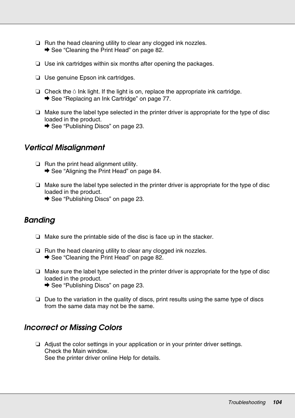 Vertical misalignment, Banding, Incorrect or missing colors | Incorrect or missing colors” on | Epson 4113114-06 User Manual | Page 104 / 124