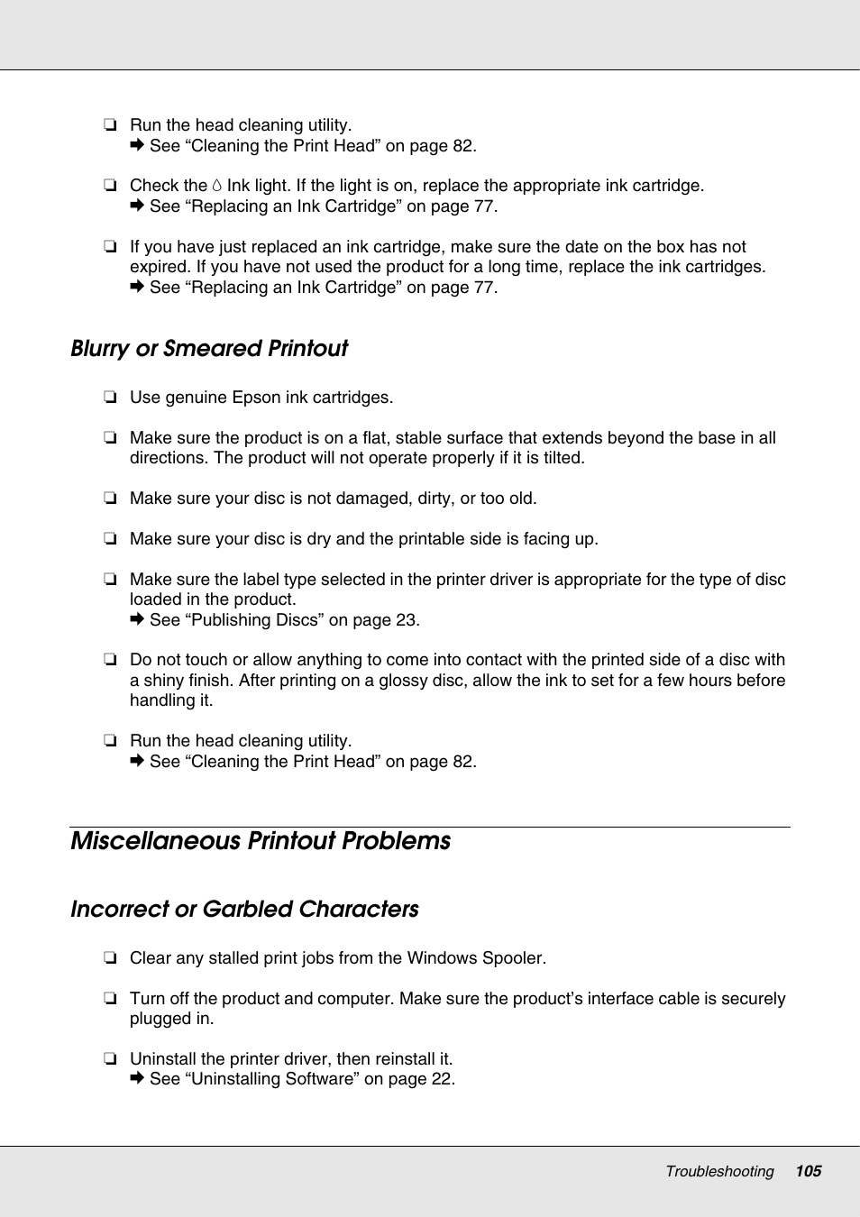 Blurry or smeared printout, Miscellaneous printout problems, Incorrect or garbled characters | Blurry or smeared printout” on | Epson 4113114-06 User Manual | Page 105 / 124