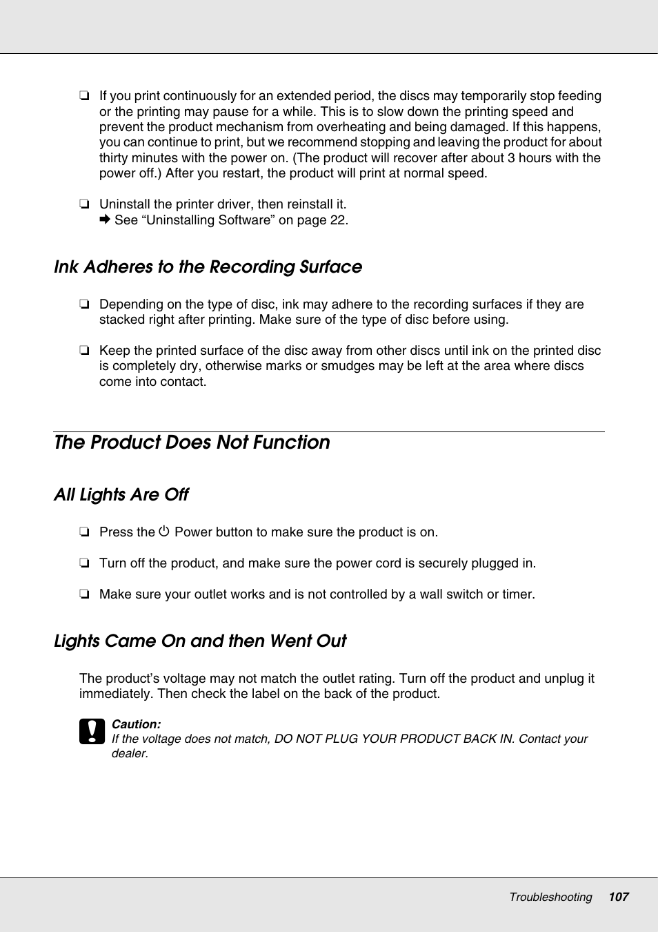 Ink adheres to the recording surface, The product does not function, All lights are off | Lights came on and then went out | Epson 4113114-06 User Manual | Page 107 / 124