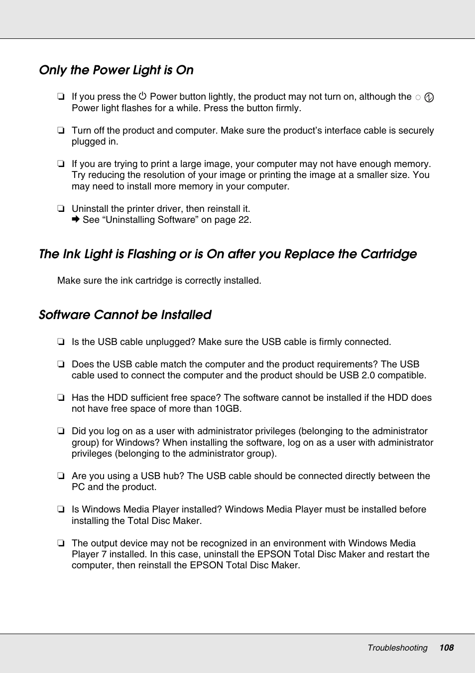 Only the power light is on, Software cannot be installed | Epson 4113114-06 User Manual | Page 108 / 124