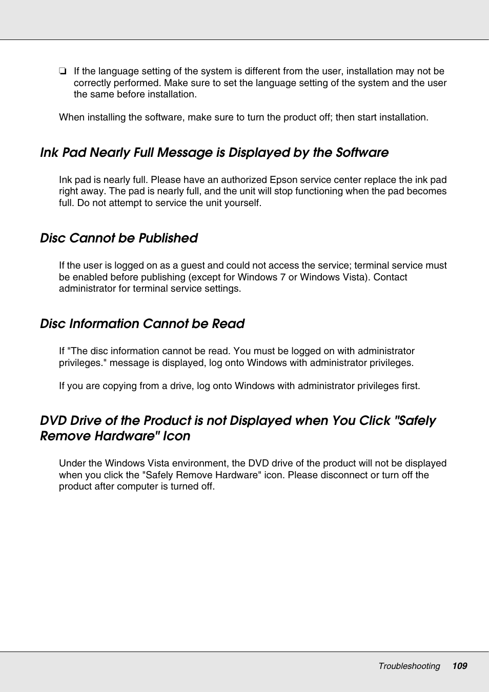 Disc cannot be published, Disc information cannot be read, Safely remove hardware" icon | Epson 4113114-06 User Manual | Page 109 / 124