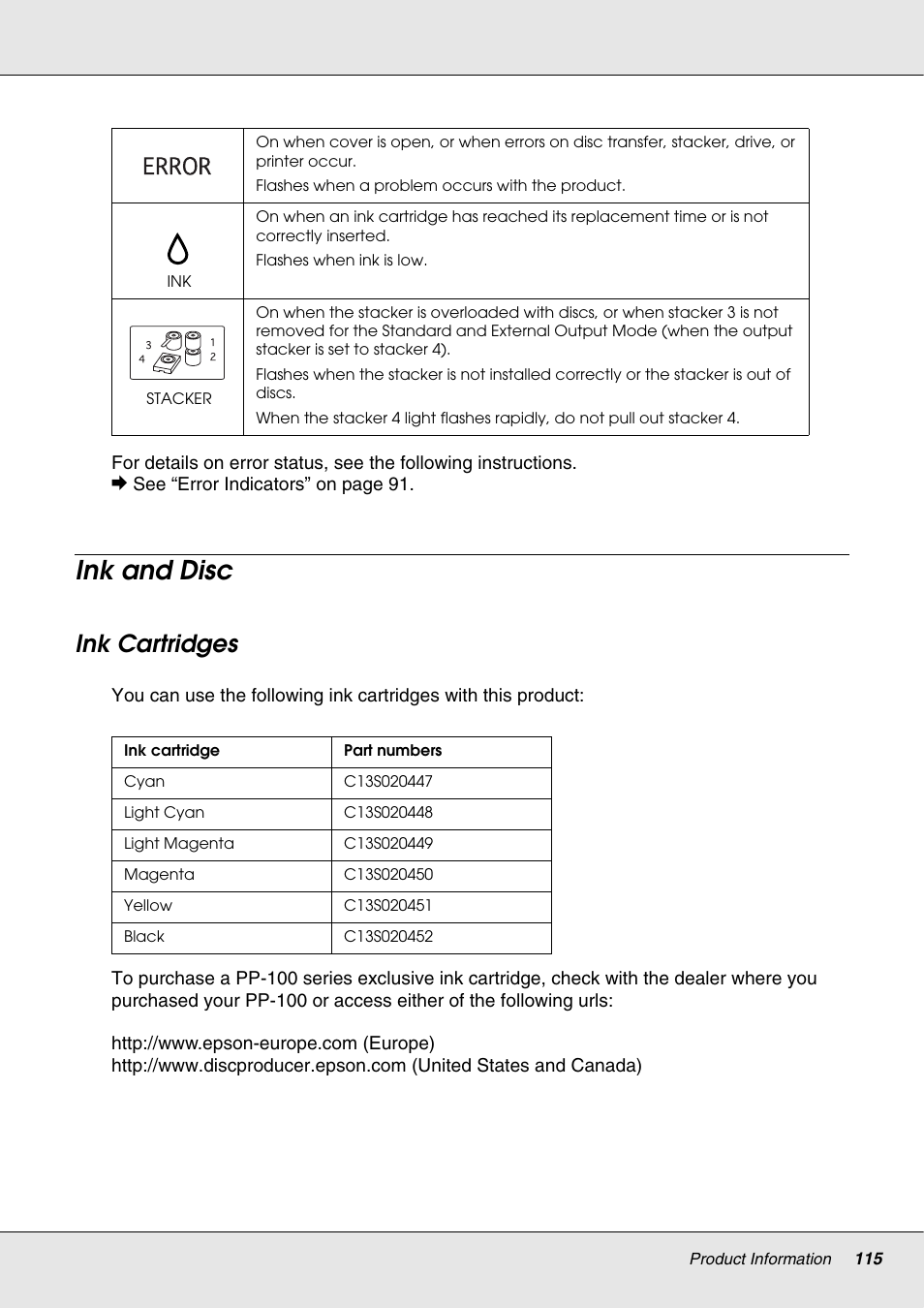 Ink and disc, Ink cartridges | Epson 4113114-06 User Manual | Page 115 / 124