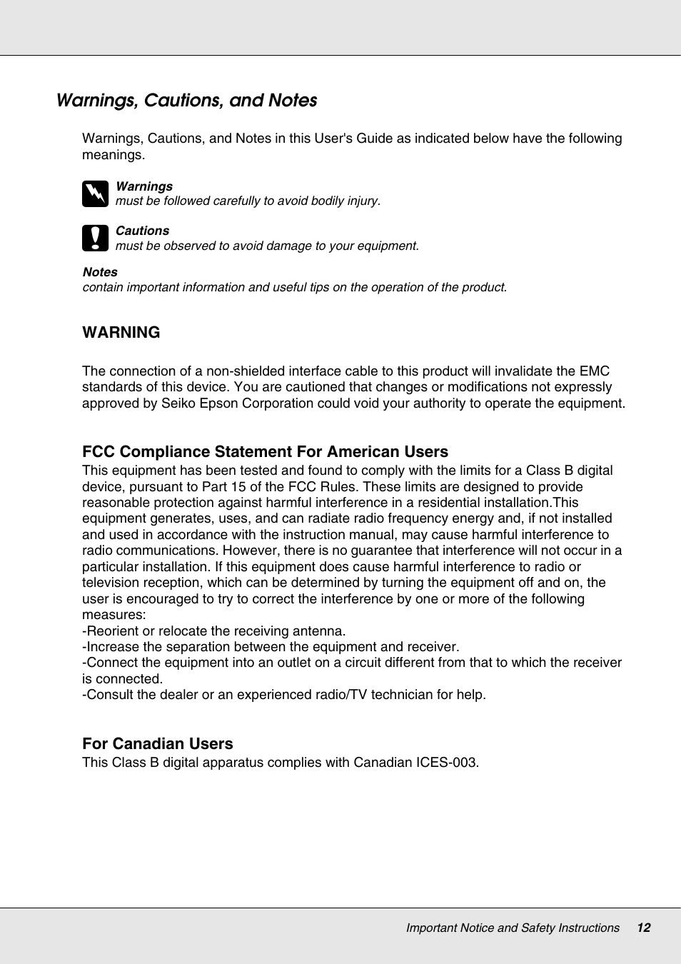 Warnings, cautions, and notes | Epson 4113114-06 User Manual | Page 12 / 124
