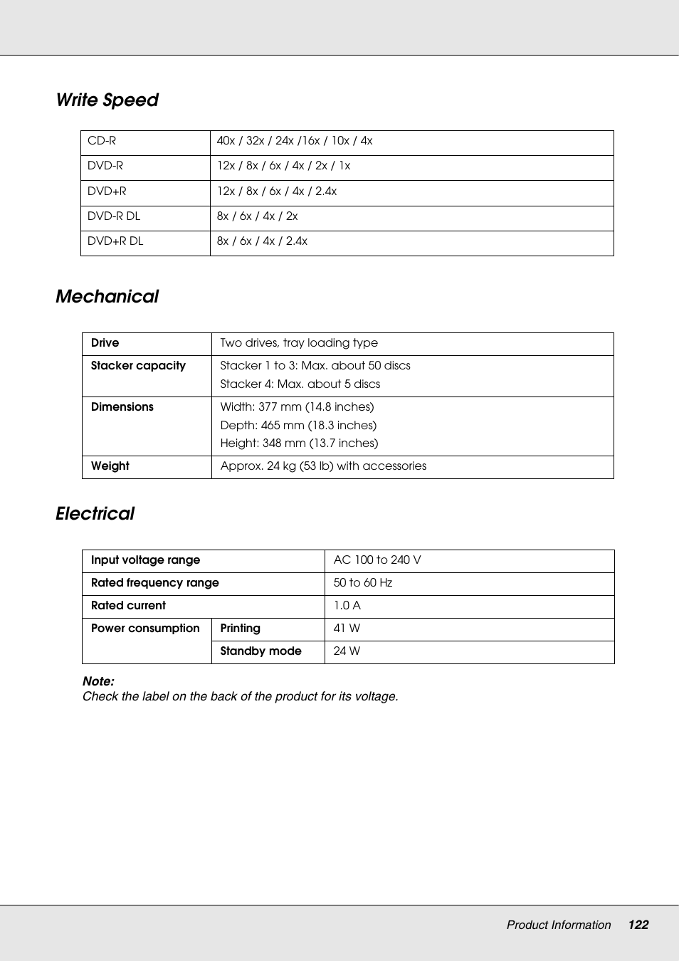 Write speed, Mechanical, Electrical | Write speed mechanical electrical | Epson 4113114-06 User Manual | Page 122 / 124