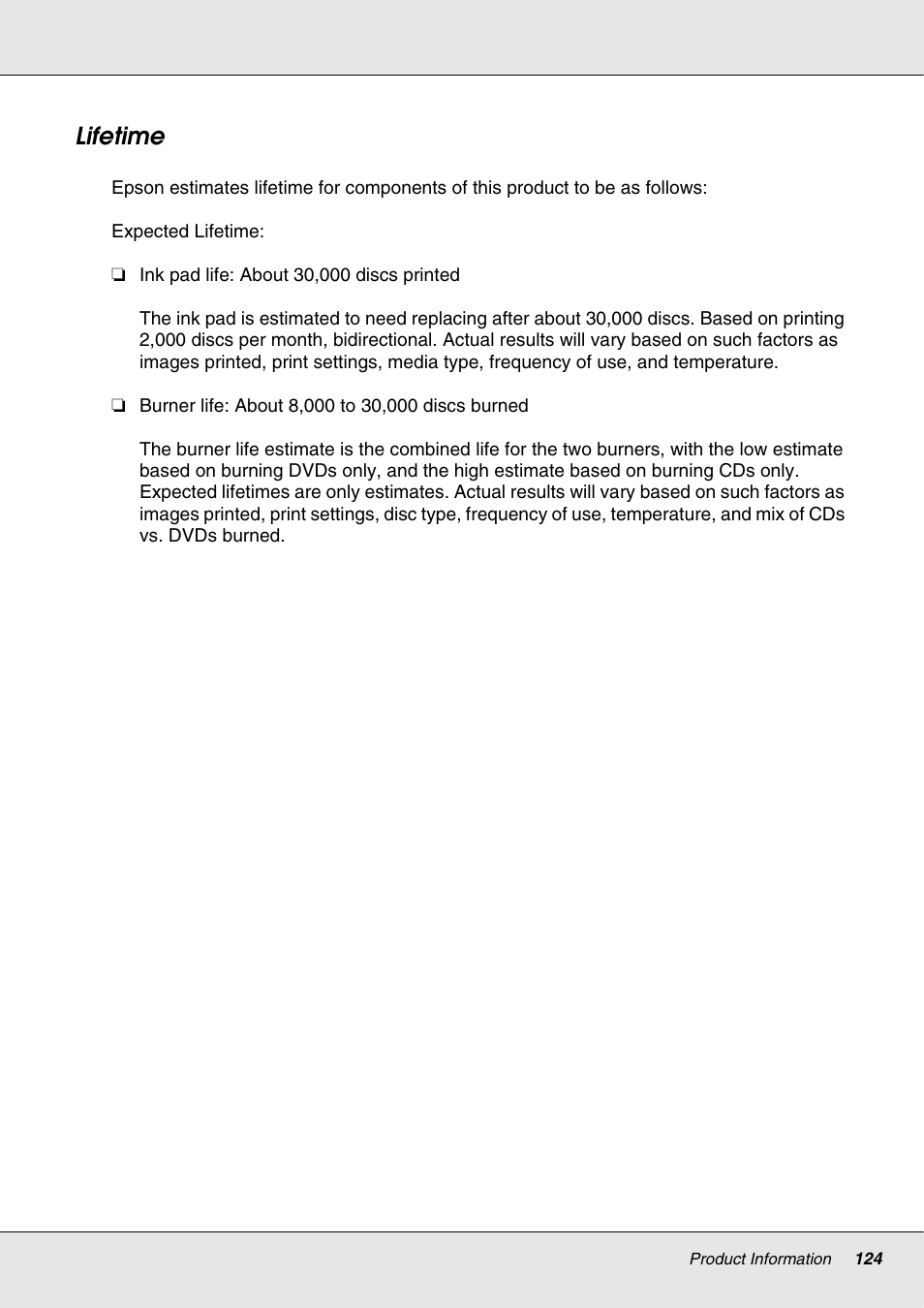 Lifetime | Epson 4113114-06 User Manual | Page 124 / 124