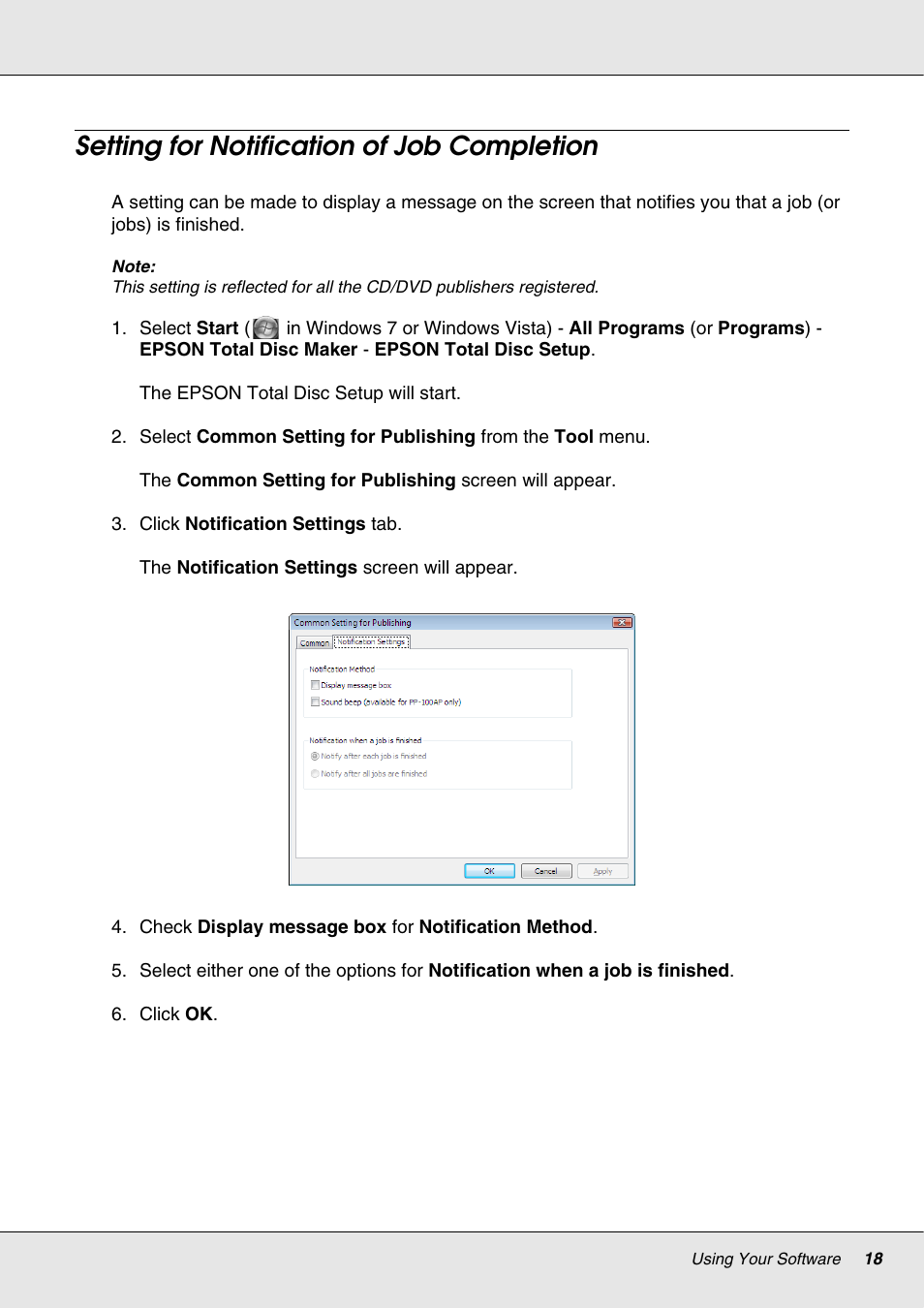 Setting for notification of job completion | Epson 4113114-06 User Manual | Page 18 / 124