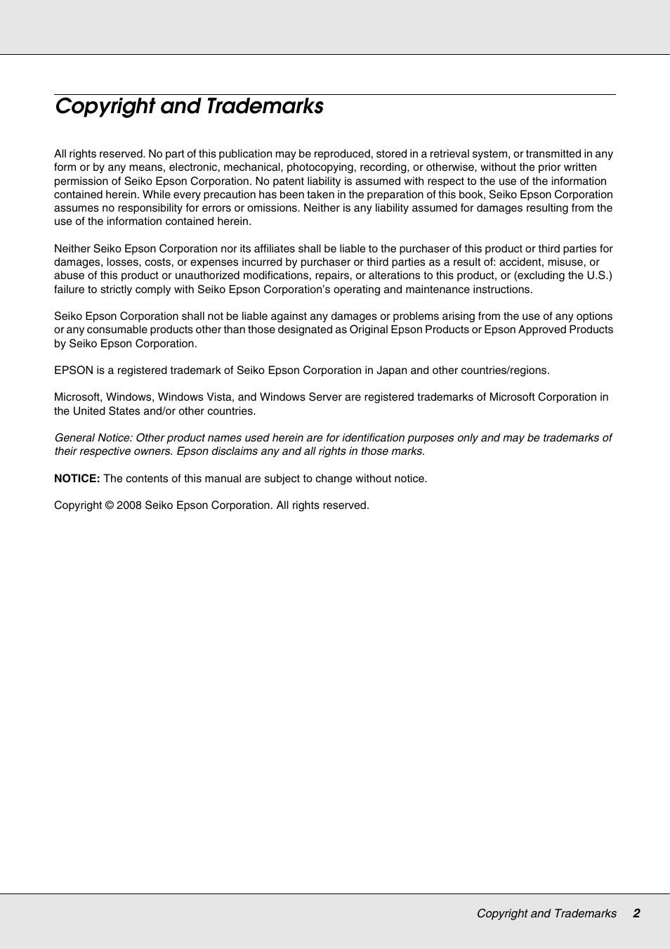 Copyright and trademarks | Epson 4113114-06 User Manual | Page 2 / 124