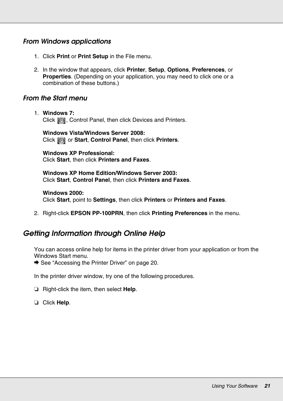 Getting information through online help | Epson 4113114-06 User Manual | Page 21 / 124