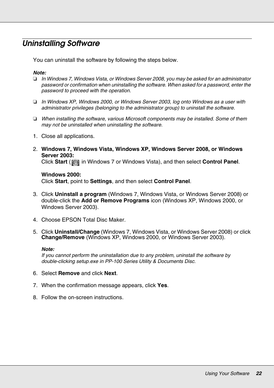 Uninstalling software | Epson 4113114-06 User Manual | Page 22 / 124