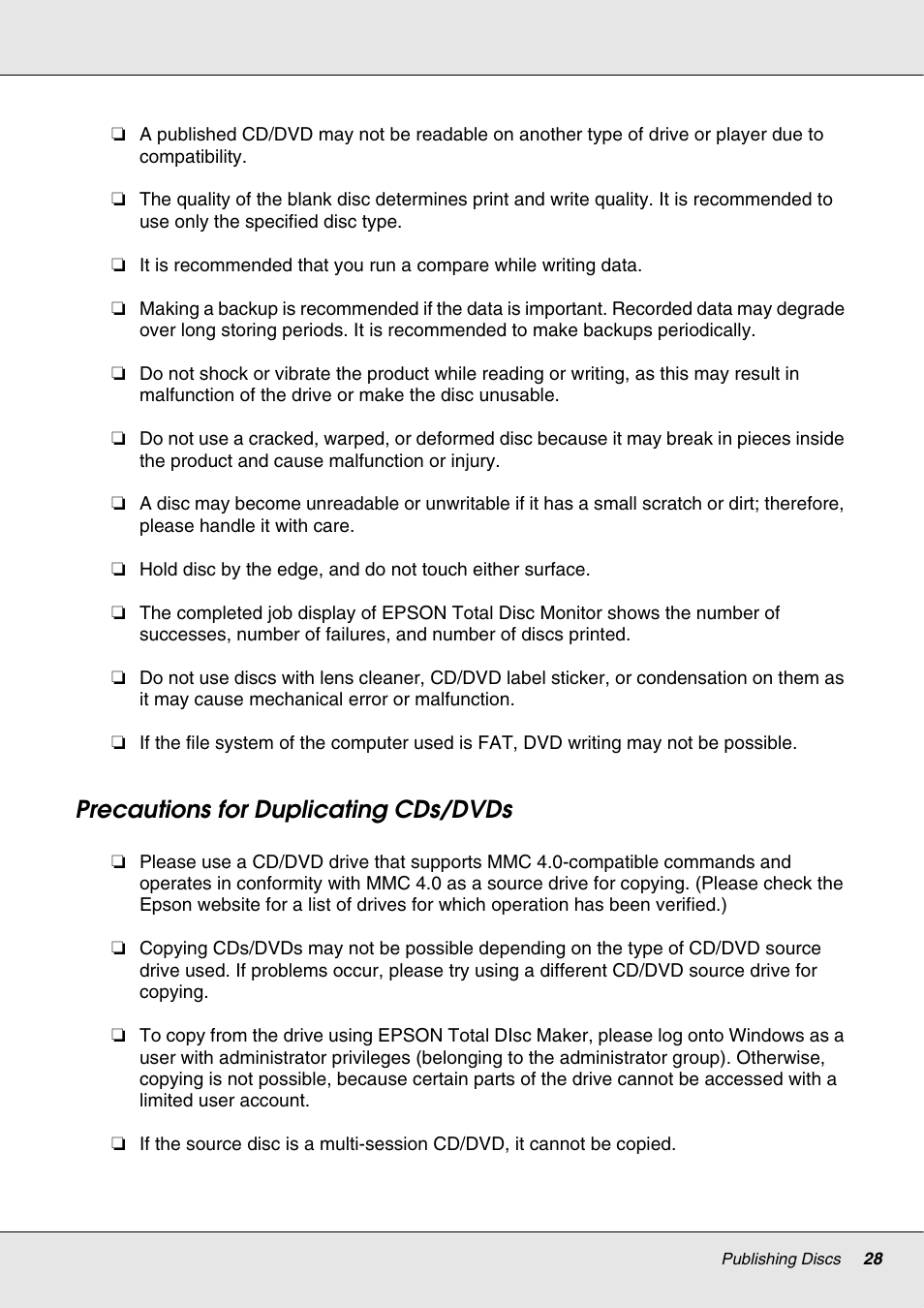 Precautions for duplicating cds/dvds | Epson 4113114-06 User Manual | Page 28 / 124