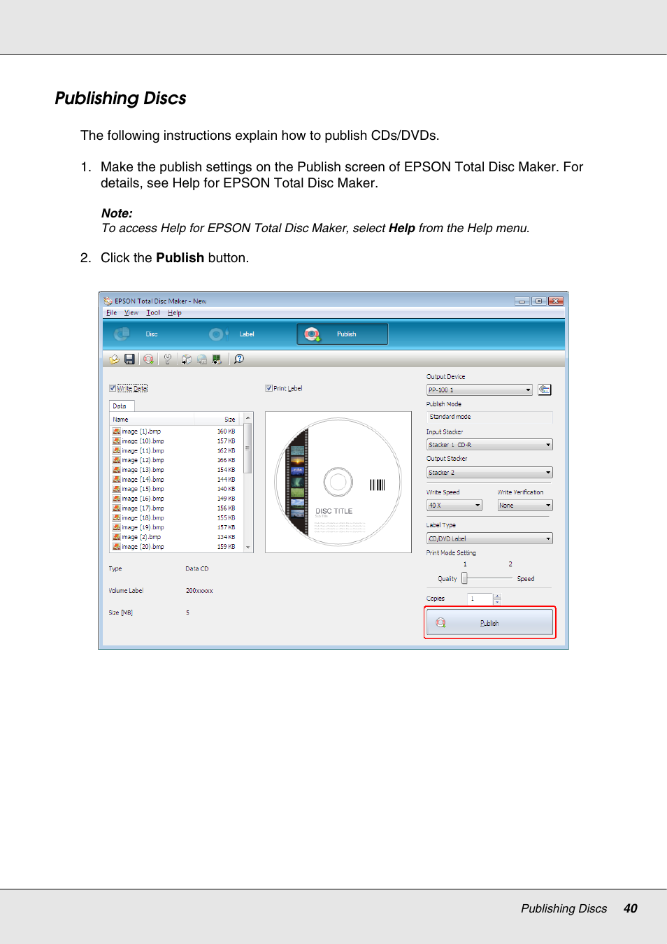 Publishing discs | Epson 4113114-06 User Manual | Page 40 / 124