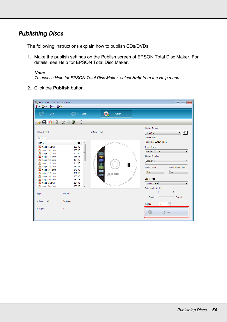 Publishing discs | Epson 4113114-06 User Manual | Page 54 / 124