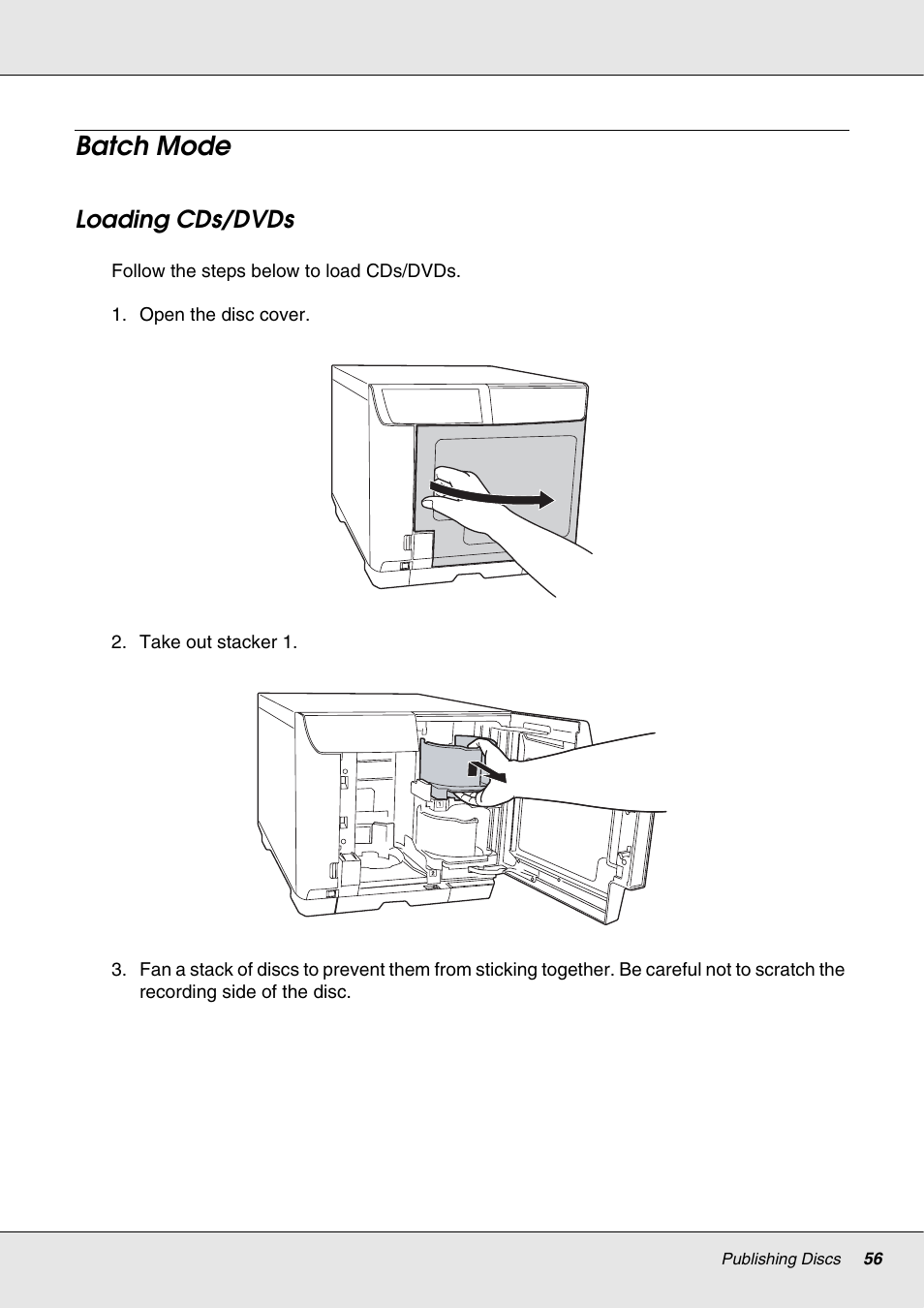 Batch mode, Loading cds/dvds | Epson 4113114-06 User Manual | Page 56 / 124