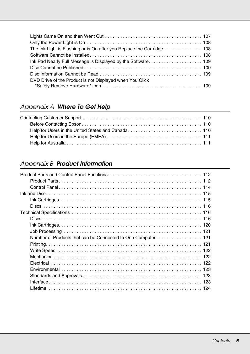 Appendix a where to get help, Appendix b product information | Epson 4113114-06 User Manual | Page 6 / 124