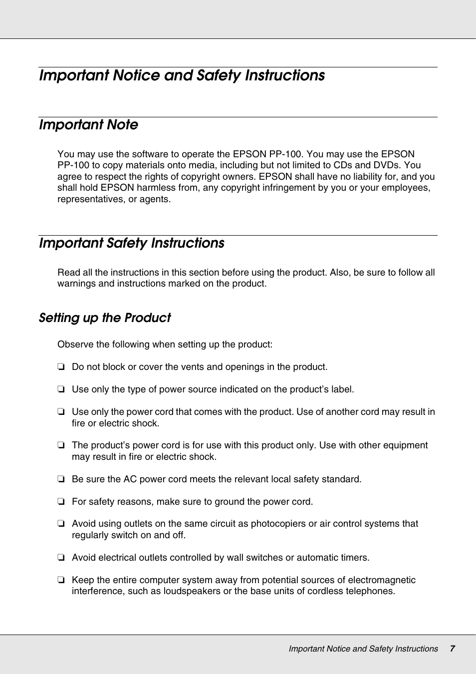 Important notice and safety instructions, Important note, Important safety instructions | Setting up the product, Important note important safety instructions | Epson 4113114-06 User Manual | Page 7 / 124