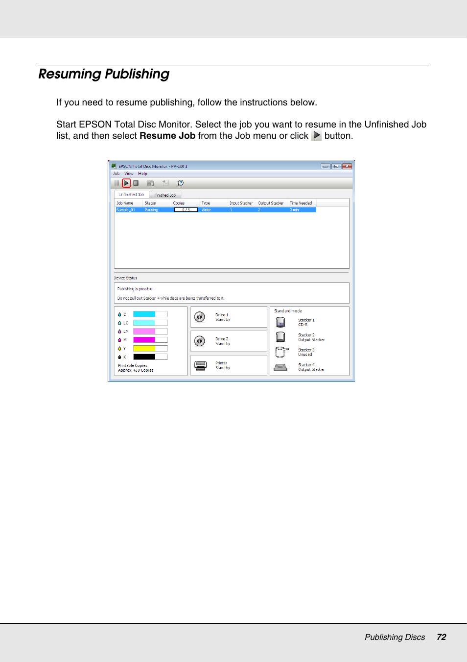 Resuming publishing | Epson 4113114-06 User Manual | Page 72 / 124