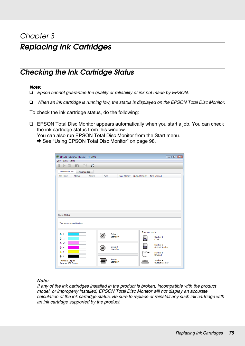 Replacing ink cartridges, Checking the ink cartridge status, Chapter 3 | Epson 4113114-06 User Manual | Page 75 / 124