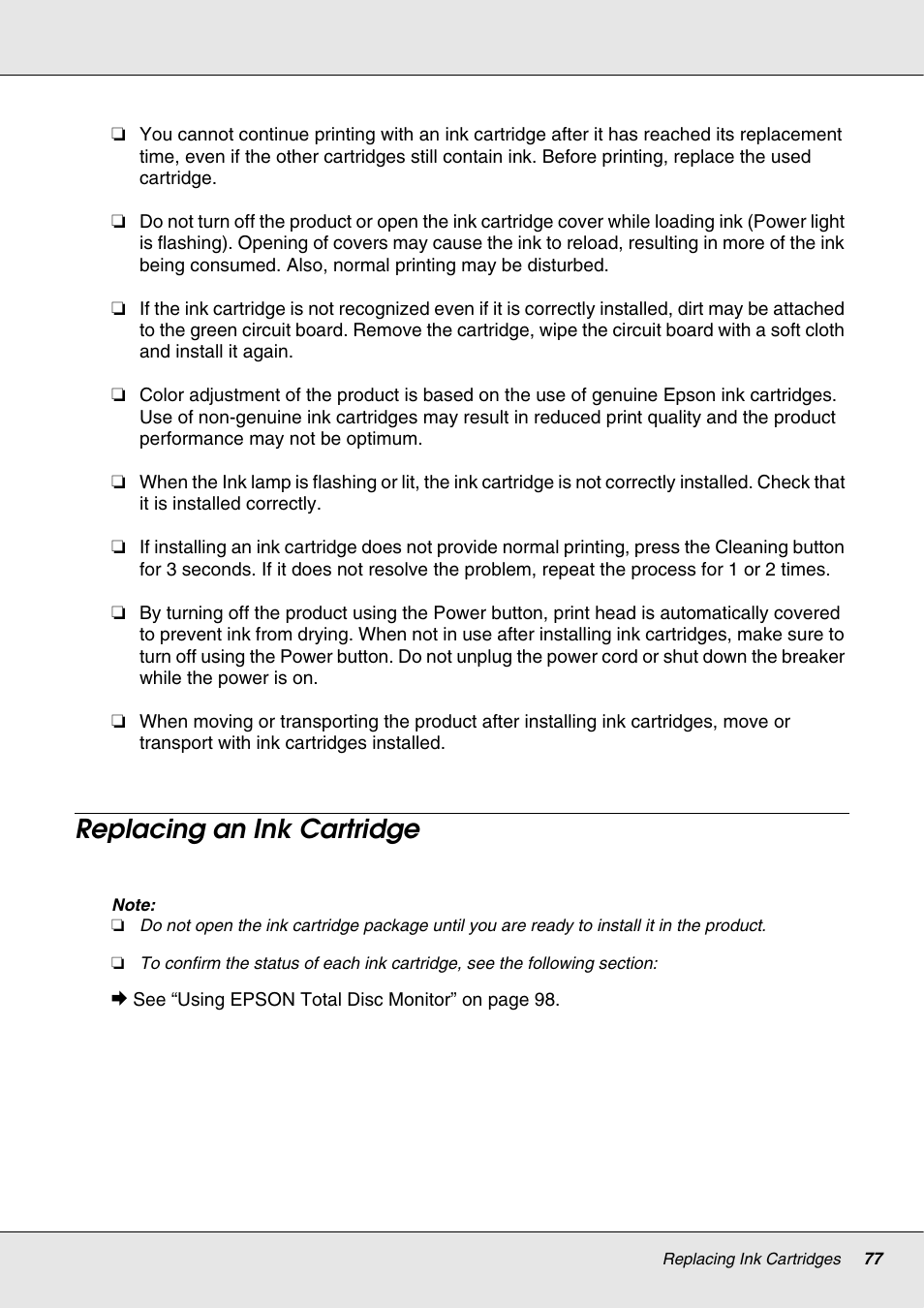 Replacing an ink cartridge | Epson 4113114-06 User Manual | Page 77 / 124