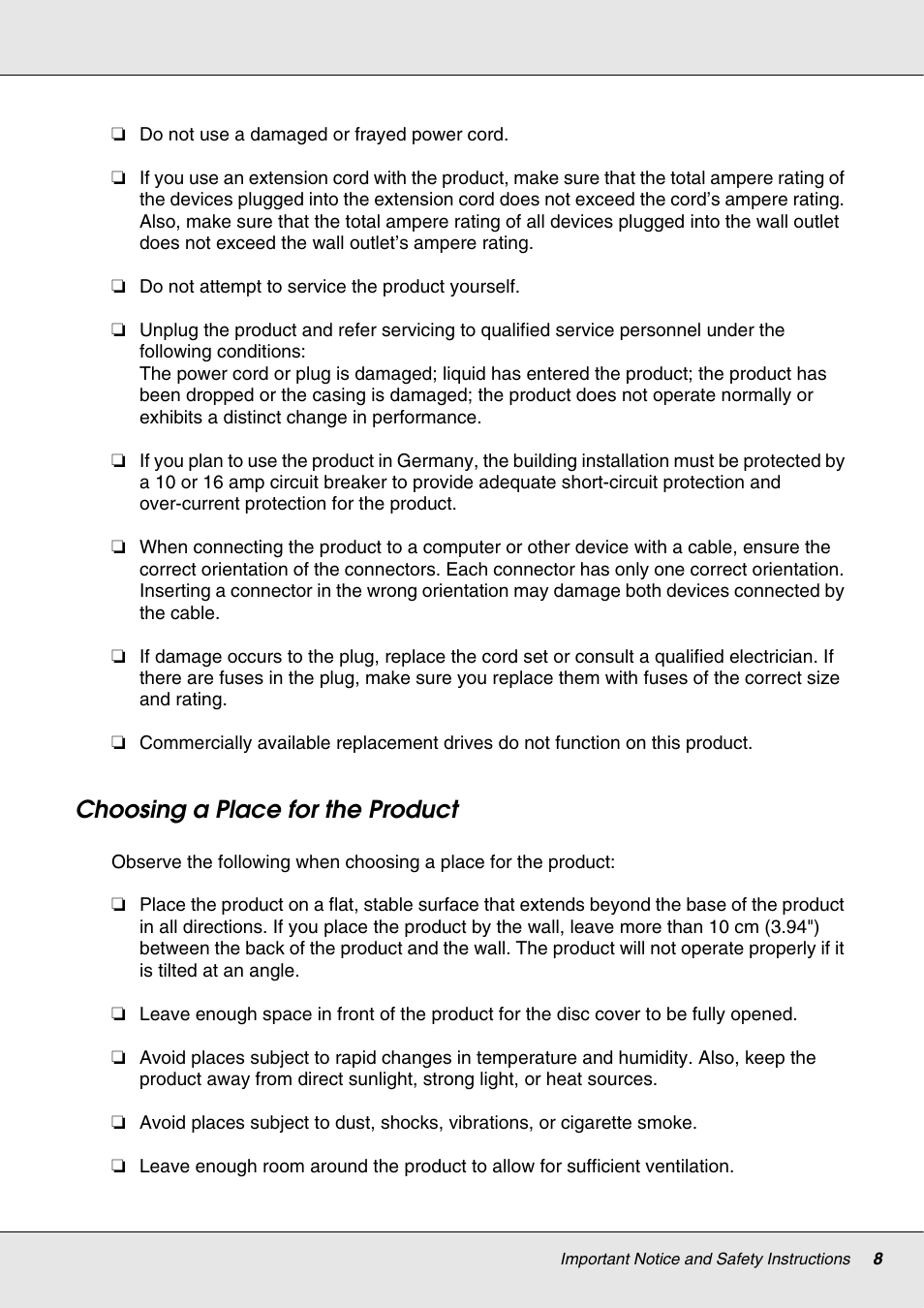 Choosing a place for the product | Epson 4113114-06 User Manual | Page 8 / 124