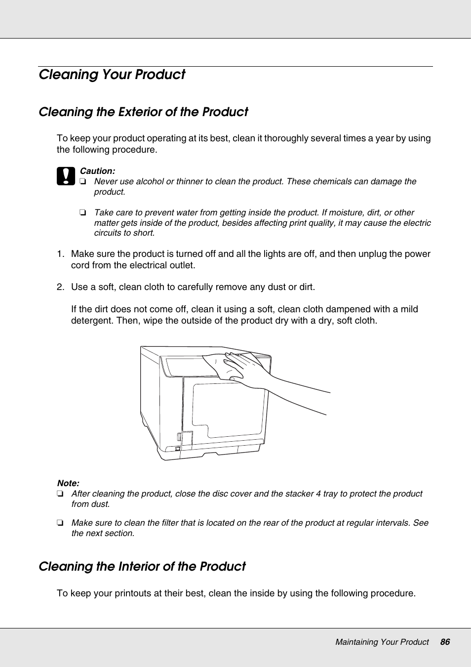 Cleaning your product, Cleaning the exterior of the product, Cleaning the interior of the product | Epson 4113114-06 User Manual | Page 86 / 124