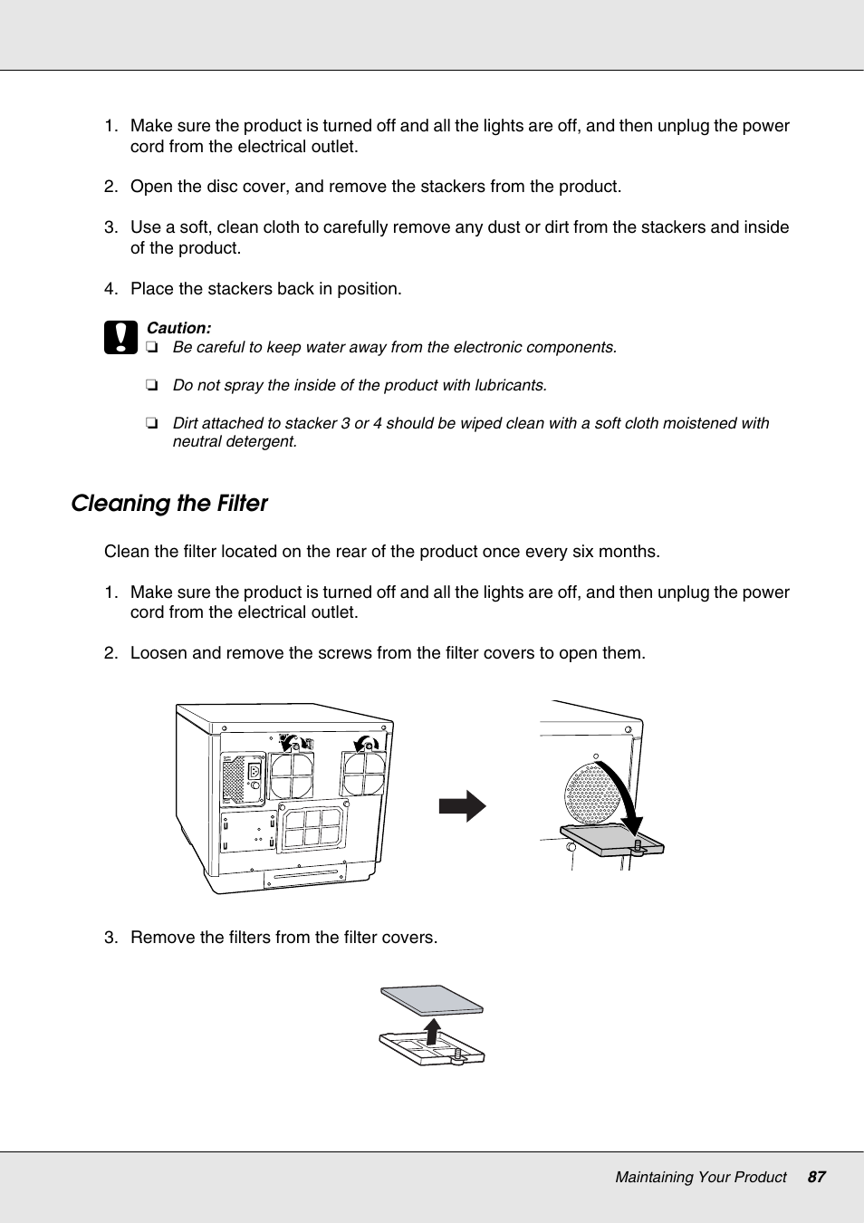Cleaning the filter | Epson 4113114-06 User Manual | Page 87 / 124