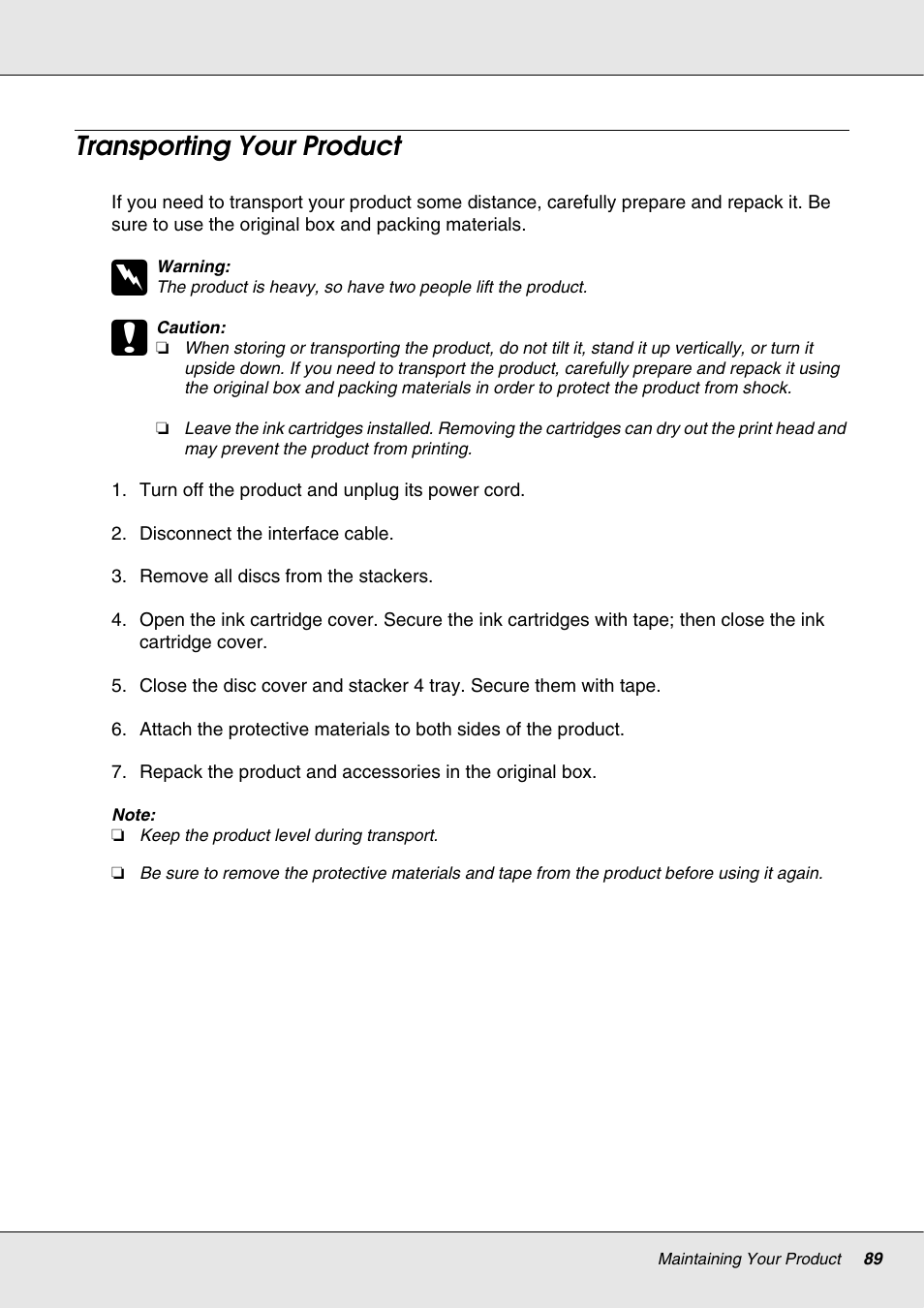 Transporting your product | Epson 4113114-06 User Manual | Page 89 / 124