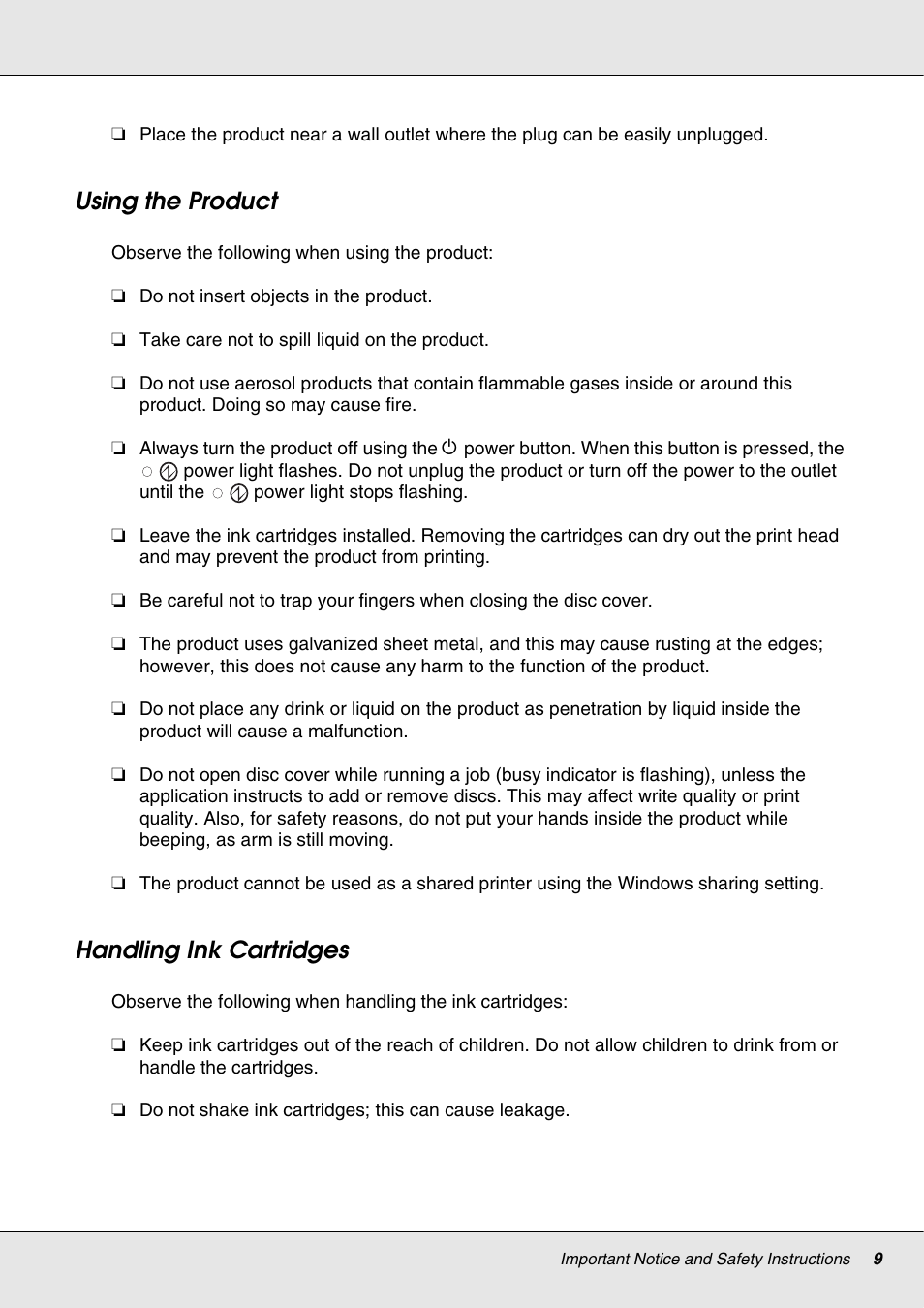 Using the product, Handling ink cartridges, Using the product handling ink cartridges | Epson 4113114-06 User Manual | Page 9 / 124