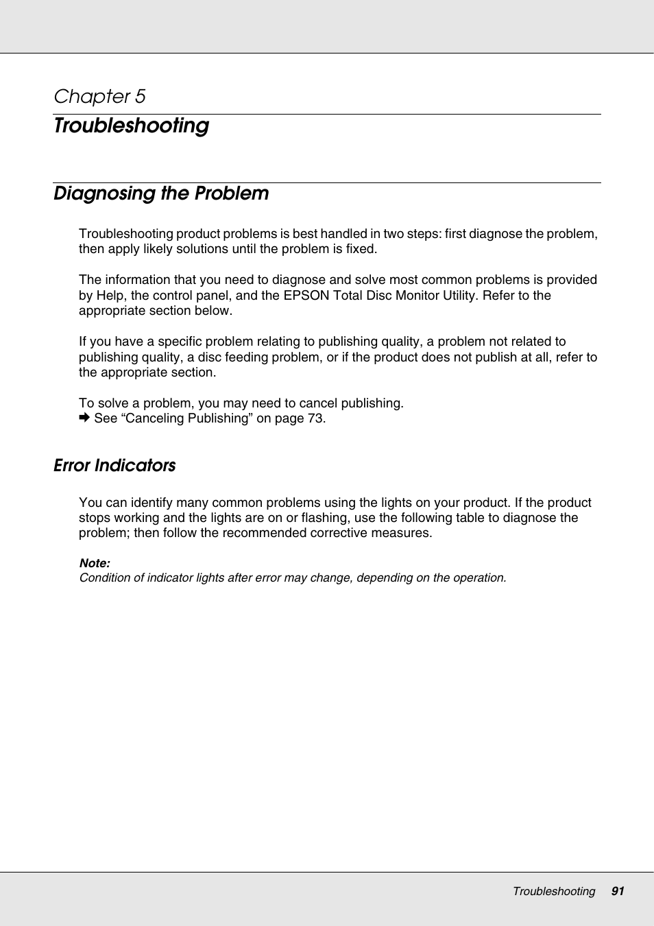 Troubleshooting, Diagnosing the problem, Error indicators | Chapter 5 | Epson 4113114-06 User Manual | Page 91 / 124