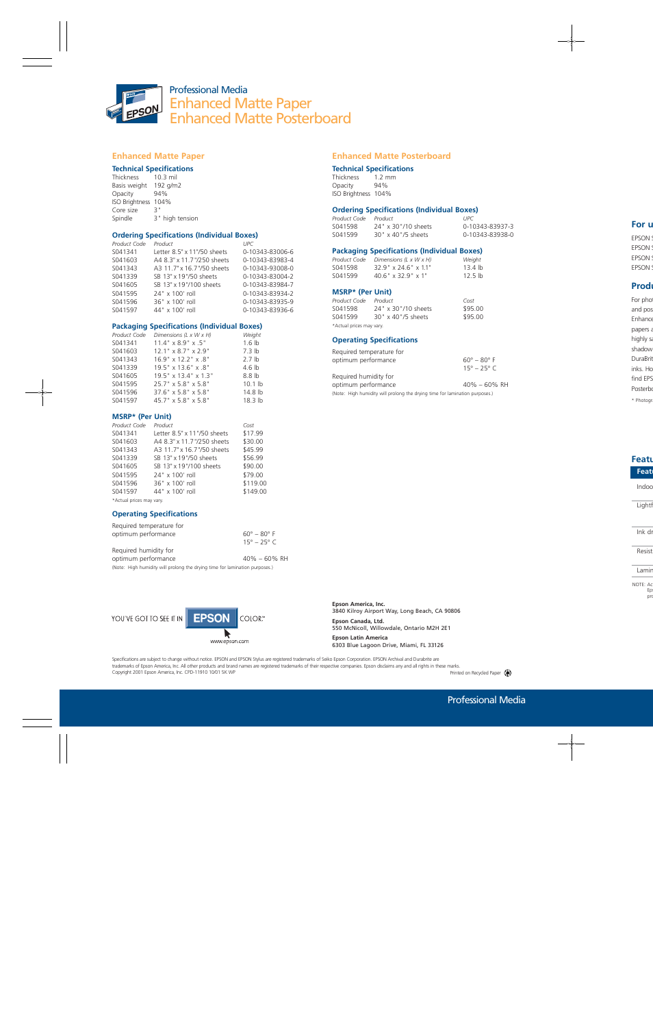 Enhanced matte paper enhanced matte posterboard, Professional media, For u | Produ, Featu | Epson S041605 User Manual | Page 2 / 2