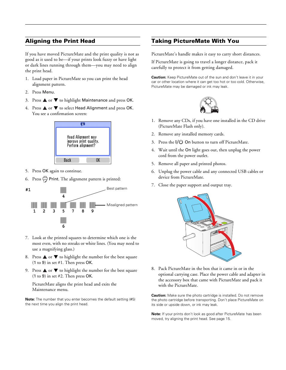 Aligning the print head, Taking picturemate with you | Epson A381H User Manual | Page 15 / 16