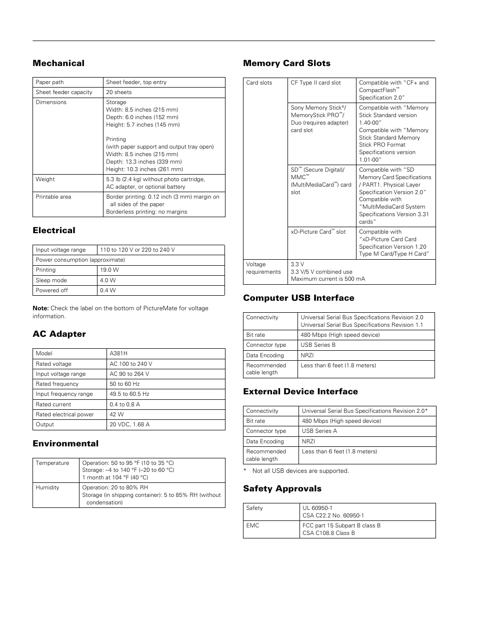 Picturemate snap (pm 240), Mechanical electrical, Safety approvals | Epson A381H User Manual | Page 2 / 16