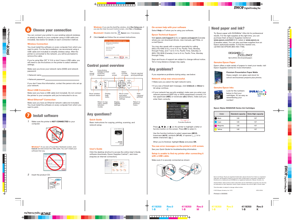 Any problems, Need paper and ink, Control panel overview | Any questions, Choose your connection, Install software | Epson STYLUS NX620 User Manual | Page 4 / 4