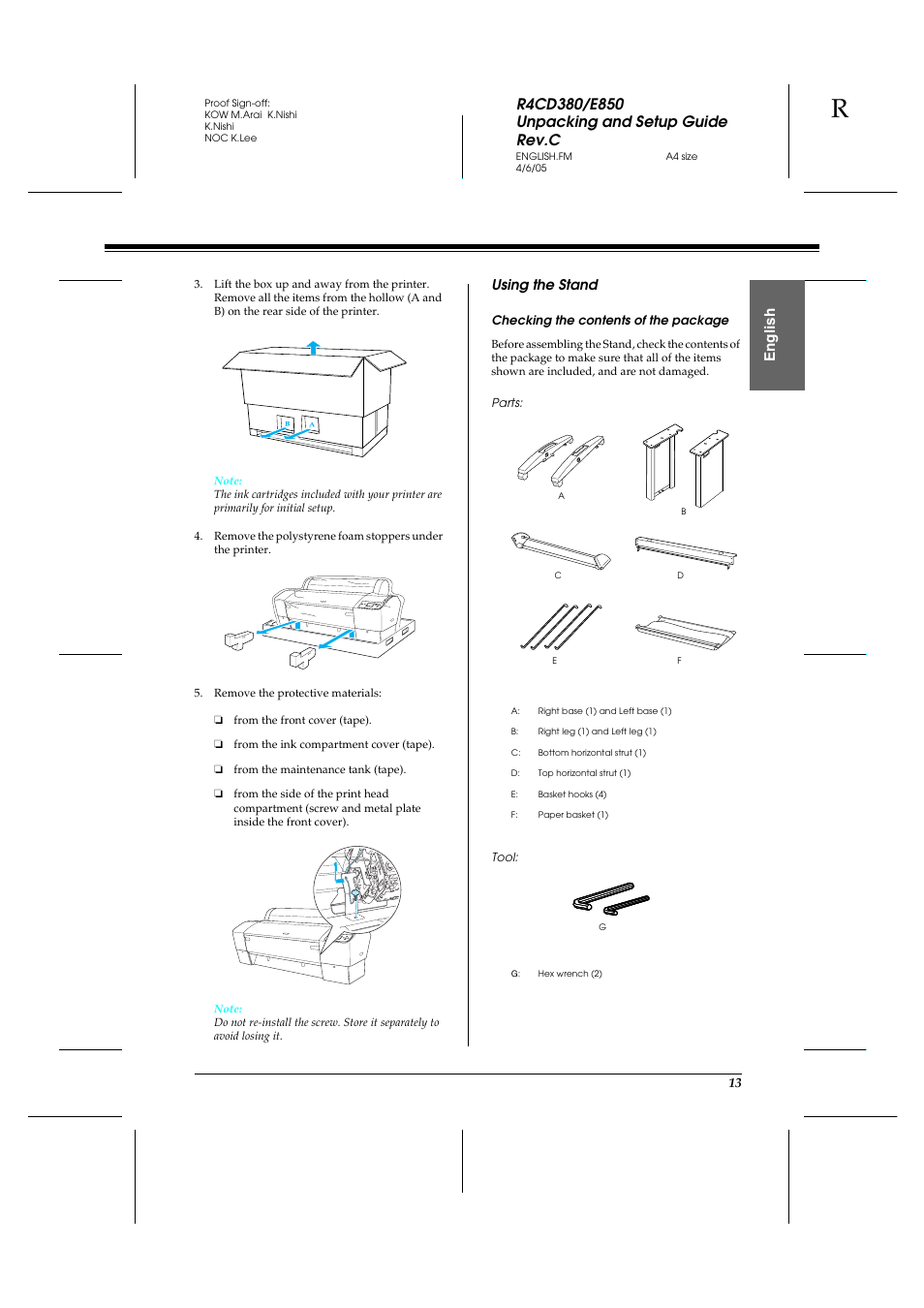 En g lis h, Using the stand | Epson 7800 User Manual | Page 13 / 27