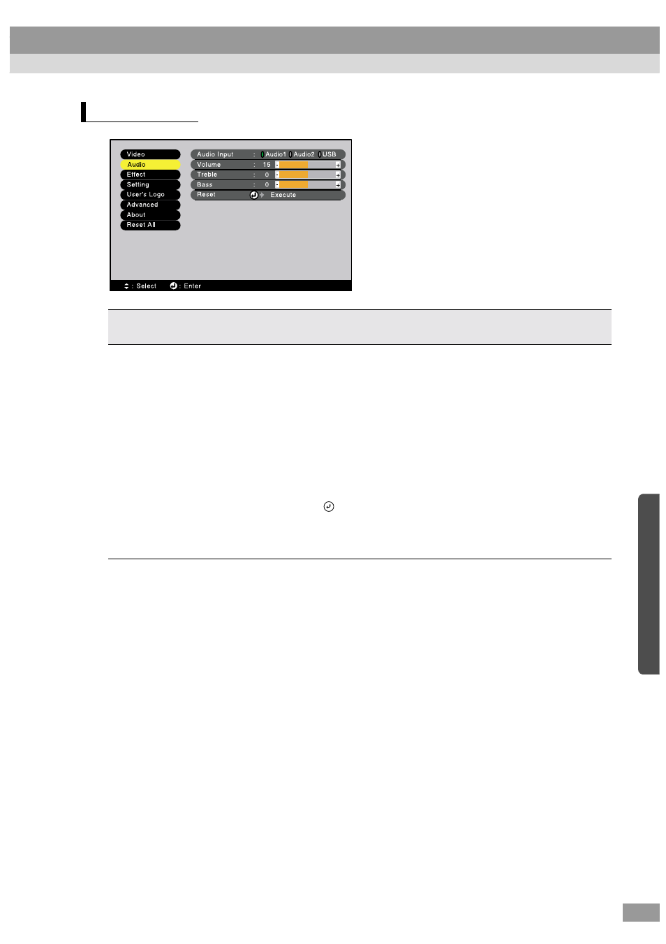Audio menu | Epson ELP-600 User Manual | Page 69 / 120