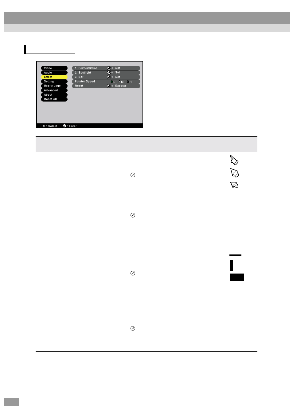 Effect menu, Using the projector menu functions | Epson ELP-600 User Manual | Page 70 / 120