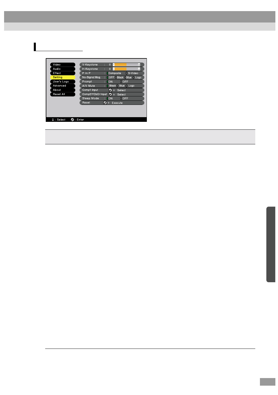Setting menu | Epson ELP-600 User Manual | Page 71 / 120