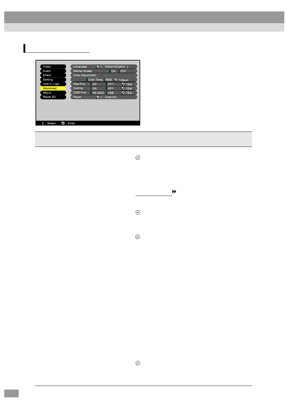 Advanced menu, Using the projector menu functions | Epson ELP-600 User Manual | Page 74 / 120