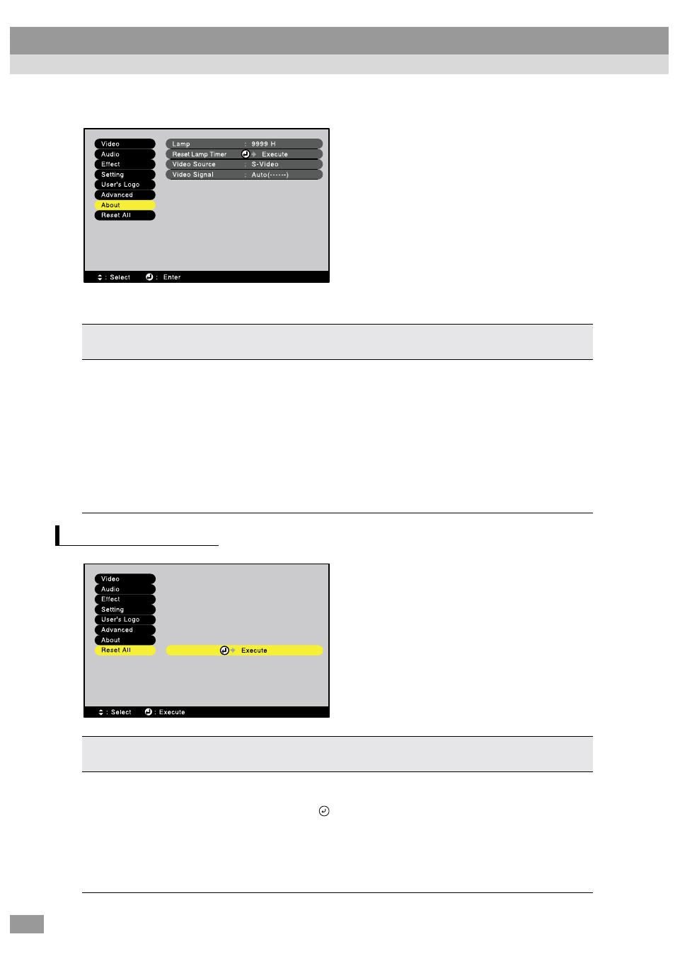 P.74), Reset all menu, Video (s-video, video) | Using the projector menu functions | Epson ELP-600 User Manual | Page 76 / 120