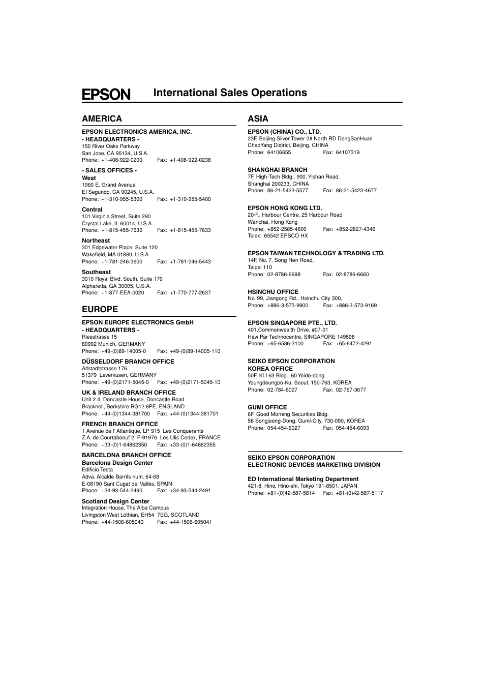 International sales operations, America, Europe | Asia | Epson ARM.POWERED ARM720T User Manual | Page 223 / 224