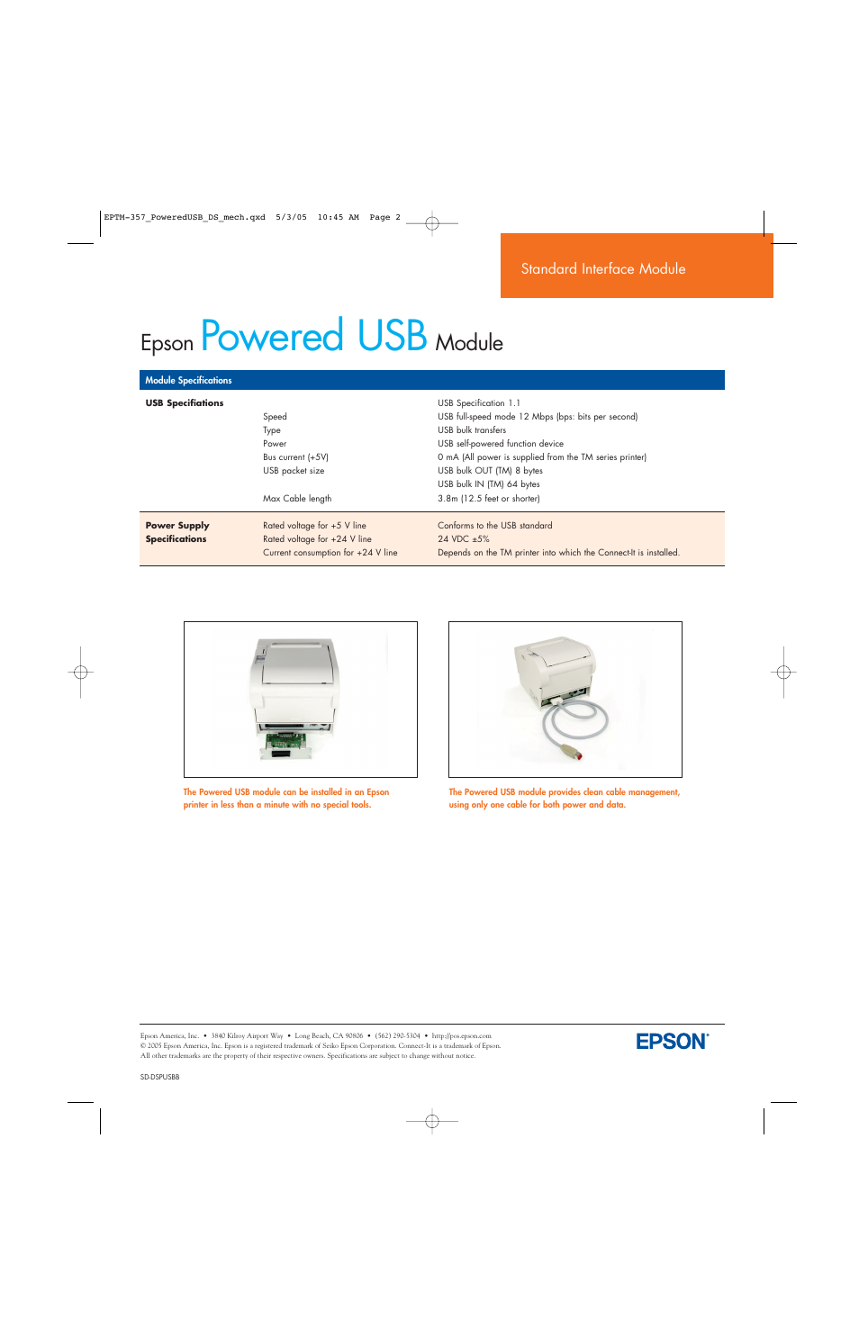 Powered usb, Epson, Module | Standard interface module | Epson SD-DSPUSBB User Manual | Page 2 / 2