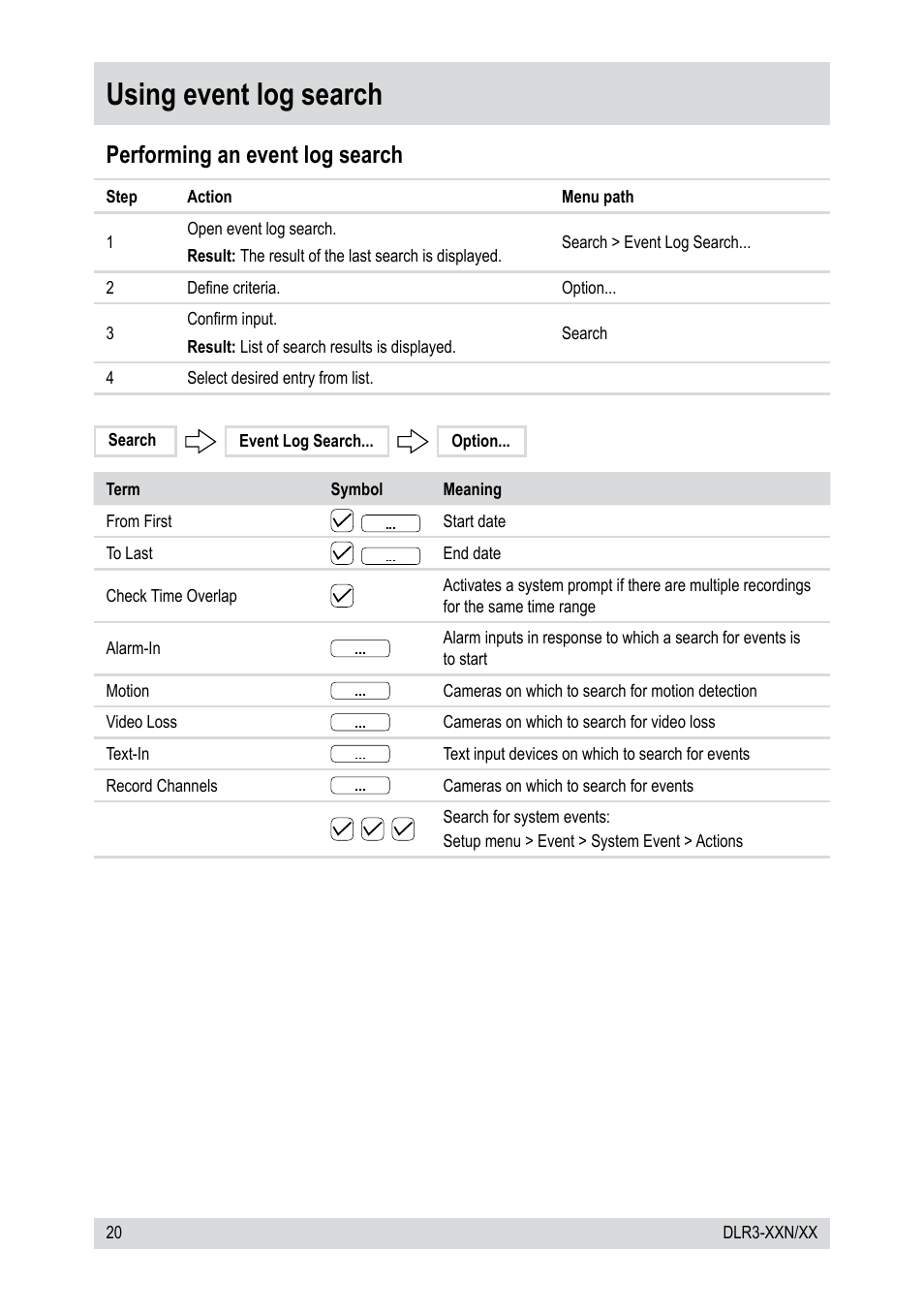 Using event log search, Performing an event log search | Epson DLR3-08N/410CD User Manual | Page 20 / 64