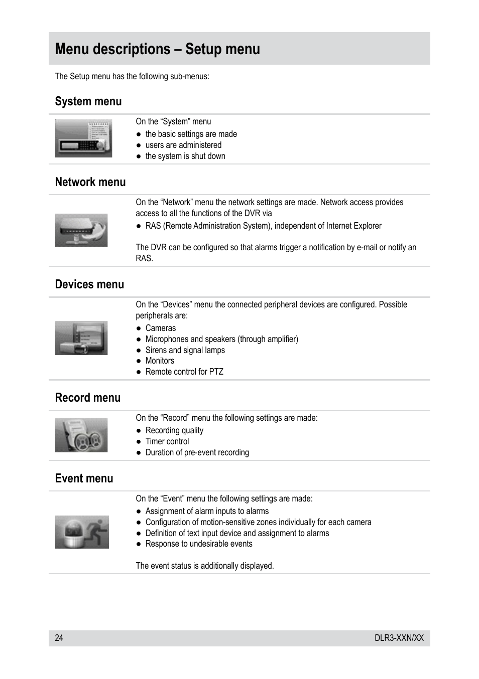 Menu descriptions – setup menu, System menu, Network menu | Devices menu, Record menu, Event menu | Epson DLR3-08N/410CD User Manual | Page 24 / 64
