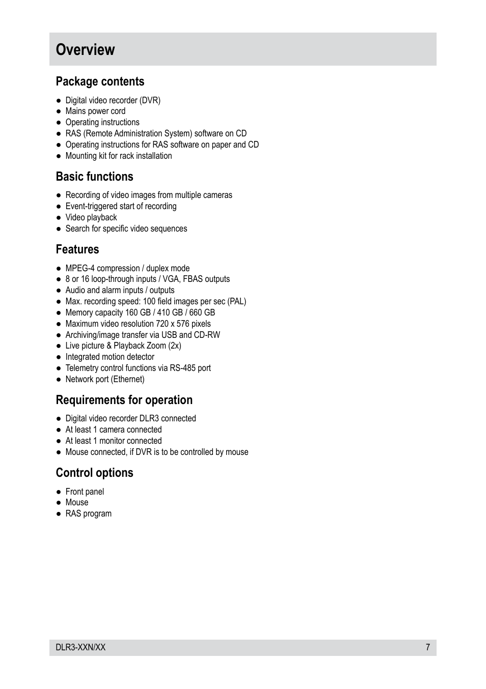 Overview, Package contents, Basic functions | Features, Requirements for operation, Control options | Epson DLR3-08N/410CD User Manual | Page 7 / 64