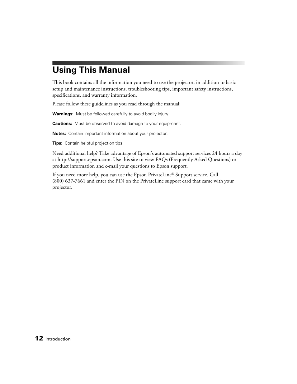 Using this manual | Epson PRO CINEMA 800 User Manual | Page 12 / 80