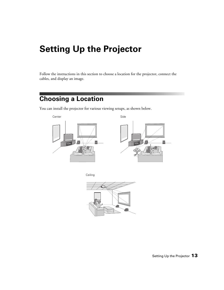 Setting up the projector, Choosing a location | Epson PRO CINEMA 800 User Manual | Page 13 / 80