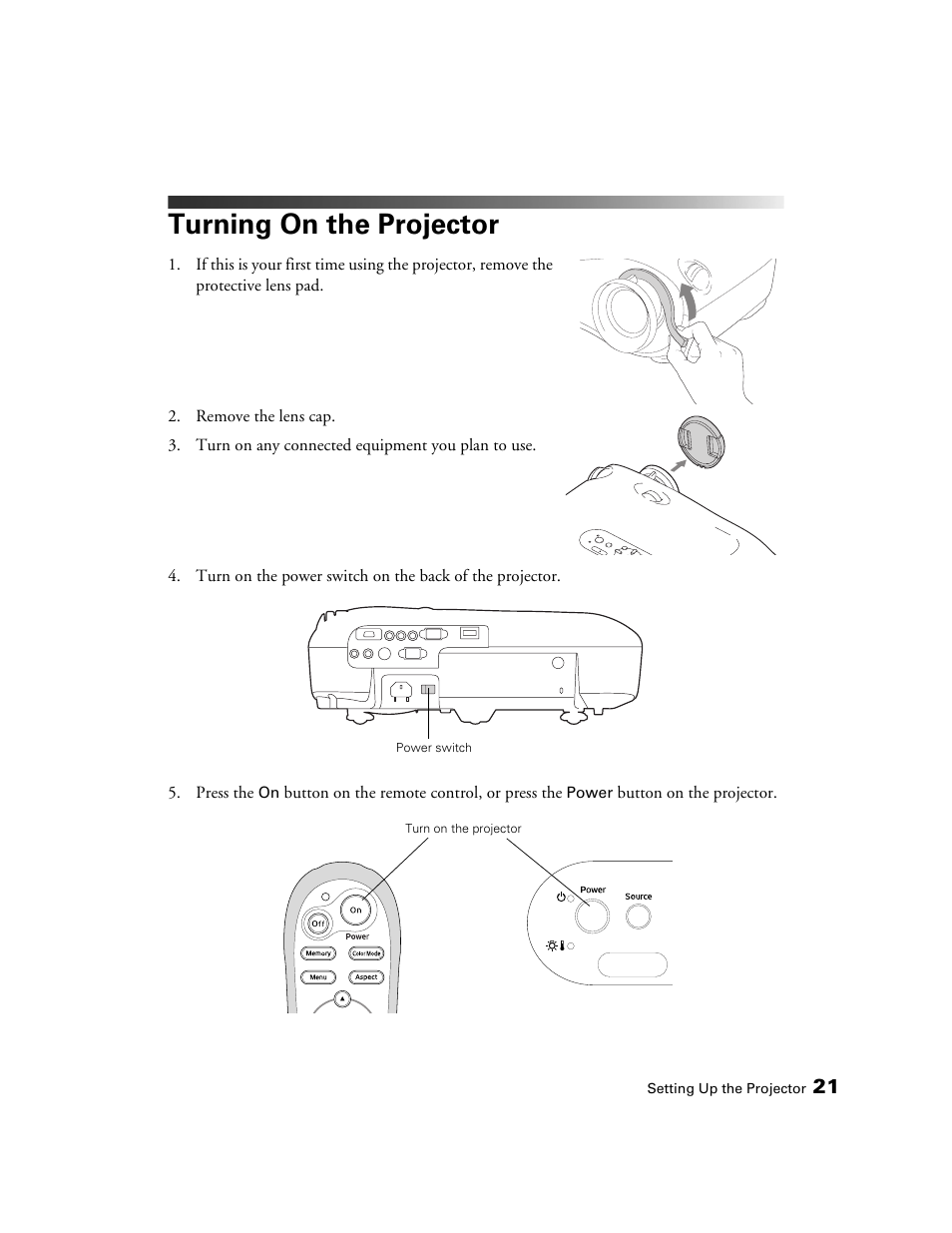 Turning on the projector | Epson PRO CINEMA 800 User Manual | Page 21 / 80